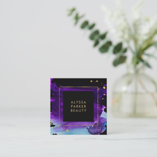 水はっきりした色スプラッシュとフェイク金ゴールドルックアクセント スクエア名刺 (スタンド正面)