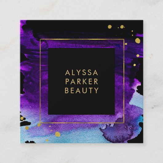 水はっきりした色スプラッシュとフェイク金ゴールドルックアクセント スクエア名刺 (正面)
