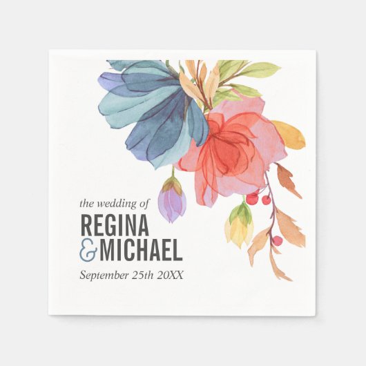 水はっきりした色ブルーワイルドフラワーズモノグラム結婚 スタンダードカクテルナプキン (正面)