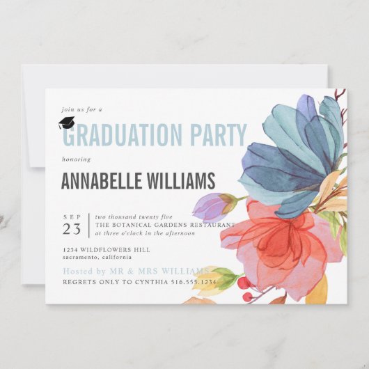 水はっきりした色ワイルドフラワーアクア卒業パーティー 招待状 (正面)