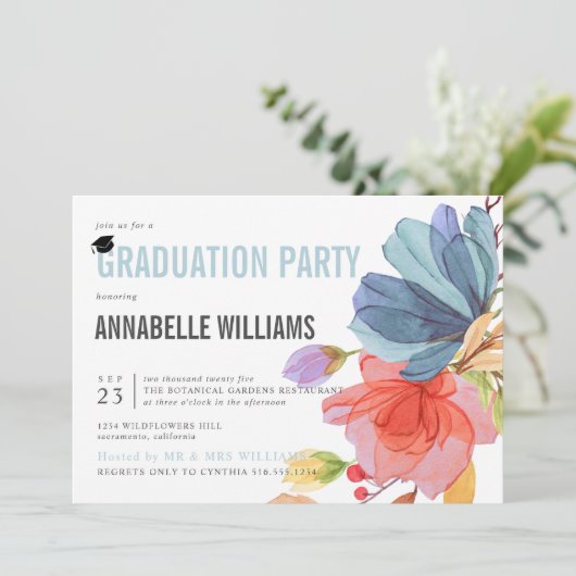 水はっきりした色ワイルドフラワーアクア卒業パーティー 招待状 (スタンド正面)