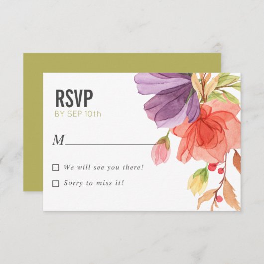 水はっきりした色ワイルドフラワーグリーン結婚式RSVP 招待状 (正面/裏面)