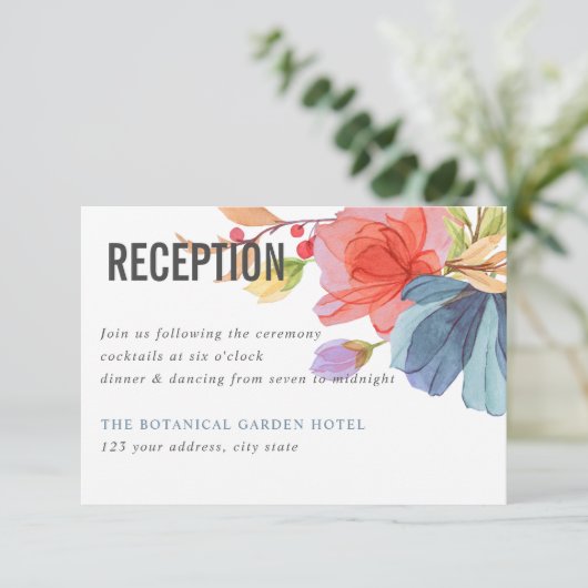 水はっきりした色ワイルドフラワーブルーウェディングレセプション 招待状 (スタンド正面)