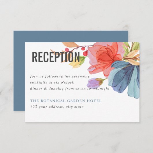 水はっきりした色ワイルドフラワーブルーウェディングレセプション 招待状 (正面/裏面)