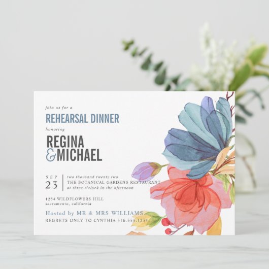 水はっきりした色ワイルドフラワーブルーリハーサルディナー 招待状 (スタンド正面)