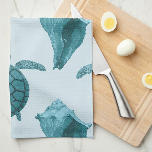 水または青い調子のウミガメ及びコンシュ キッチンタオル (四つ折り)
