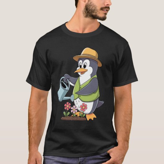 水やりのじょうろを持つガーデニングのペンギン Tシャツ (正面)