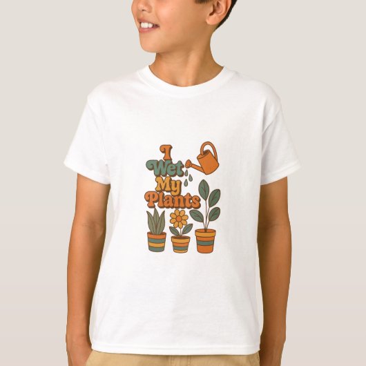 水やり大好き!レトロな70年代ストライプ Tシャツ (正面)