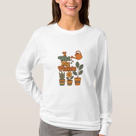 水やり大好き!レトロな70年代ストライプ Tシャツ (正面)