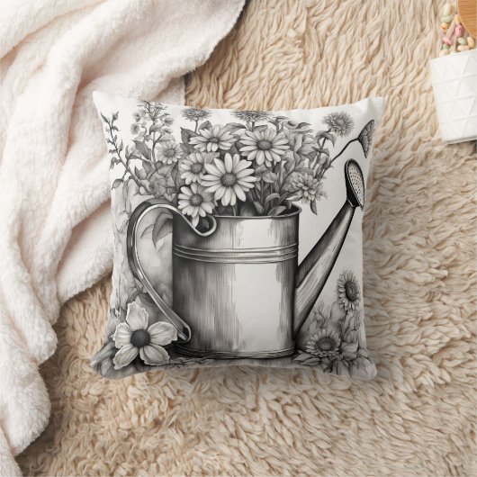 水やり缶、白黒アート、春アート クッション (ブランケット)
