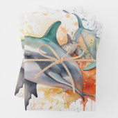 水よくはしゃぐ色イルカと珊瑚礁 ラッピングペーパーシート (インサイチュ)