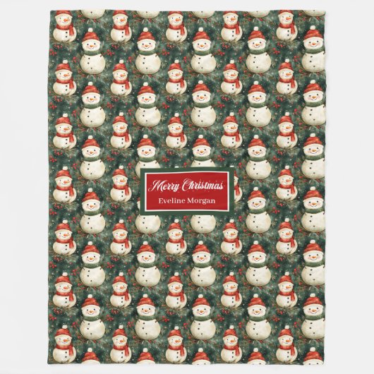 水よくはしゃぐ色雪だるま深いセージ緑レッド フリースブランケット (正面)