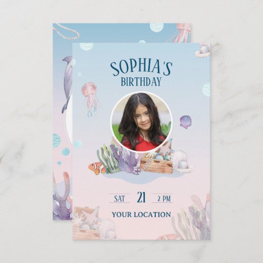 水をテーマにした子供の誕生日 出欠カード (正面/裏面)