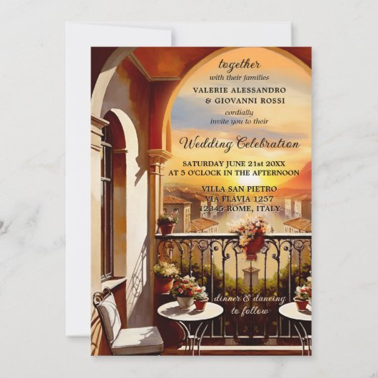 水イタリアン色の結婚夕日 招待状 (裏面)