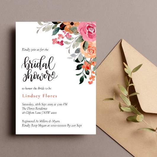 水エレガントカラフル色フローラブライダルシャワー 招待状