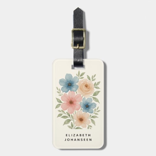 水エレガントガーリー色ブルーベージュとピンクの花 ラゲッジタグ (正面縦)