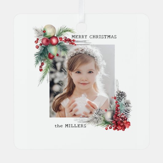 水エレガントモダン色クリスマスフローラ写真 メタルオーナメント (正面)