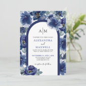 水エレガントモダン色ネイビーブルーフローラ結婚ズ 招待状 (スタンド正面)