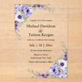 水エレガントモダン色パープルフローラ結婚 アクリル招待状 (正面)