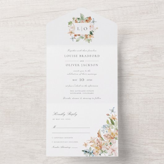 水エレガントモダン色フローラモノグラ結婚ム オールインワン招待状 (内側)