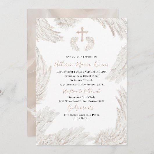 水エレガントモダン色ベージュウィングスエンジェルバプティス 招待状 (正面/裏面)