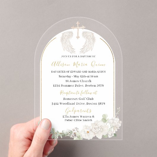 水エレガントモダン色ベージュエンジェルバプティスインヴィ アクリル招待状 (インサイチュ (ポータブル))