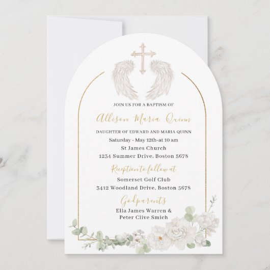 水エレガントモダン色ベージュエンジェルバプティスインヴィ 招待状 (正面)