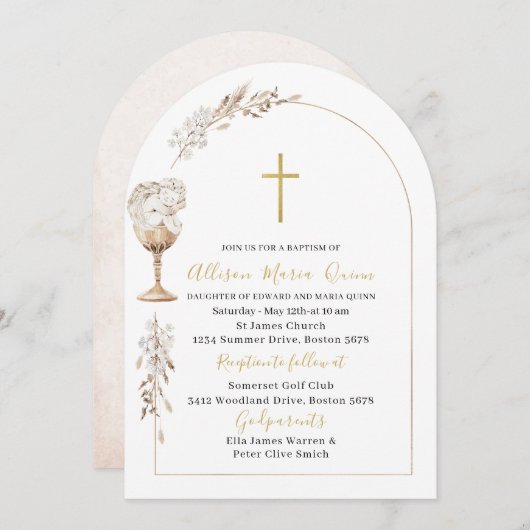 水エレガントモダン色ベージュエンジェルバプテスマ 招待状 (正面/裏面)