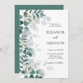 水エレガントモダン色ユーカリ結婚ス 招待状 (正面/裏面)