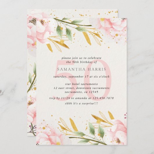水エレガント彩ピンク&金ゴールド50歳誕生パーティー 招待状 (正面/裏面)