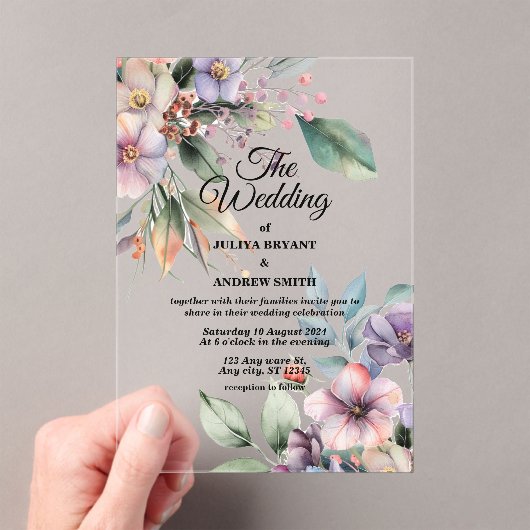 水エレガント彩植物性フローラ結婚ズ アクリル招待状 (インサイチュ (ポータブル))