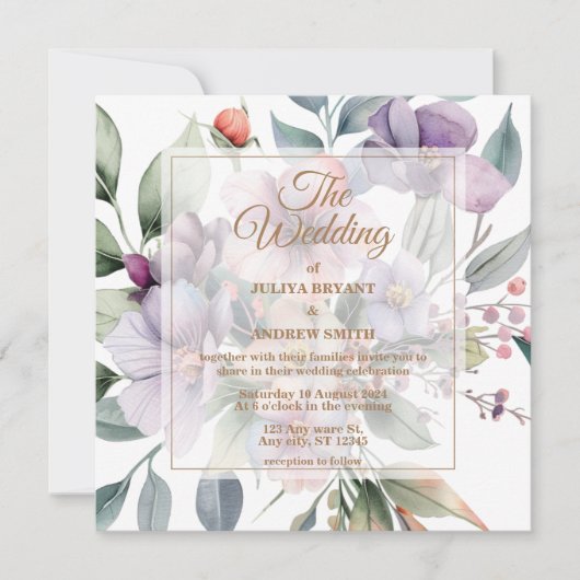 水エレガント彩植物性フローラ結婚ズ 招待状 (正面)