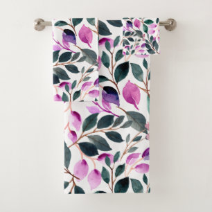 水エレガント彩花柄紫緑 バスタオルセット