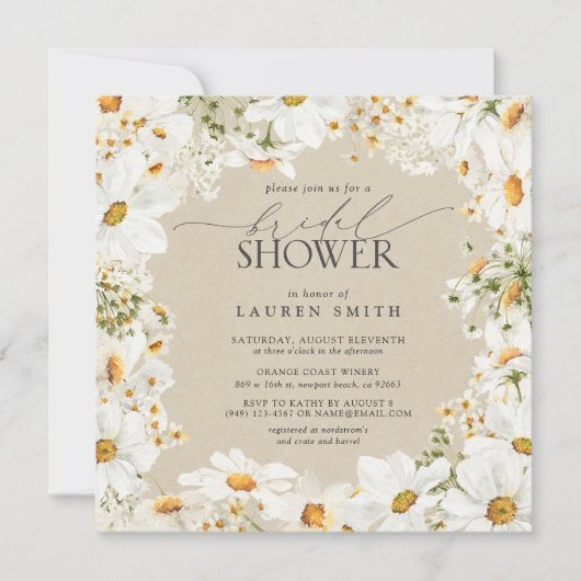 水エレガント素朴色デイジーブライダルシャワー 招待状 (正面)