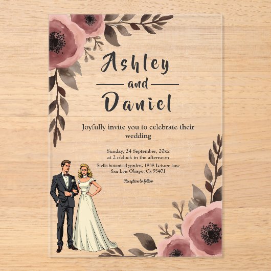 水エレガント素朴色フローラロマン結婚ス アクリル招待状 (正面)