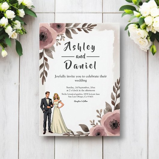 水エレガント素朴色フローラロマン結婚ス 招待状