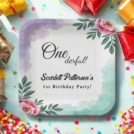 水エレガント素朴色フローラ保保1歳の誕生日 ペーパープレート