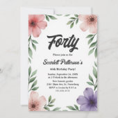水エレガント素朴色フローラ40歳の誕生日 招待状 (正面)