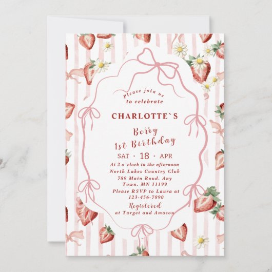 水エレガント色いちご少女1歳の誕生日 招待状 (正面)