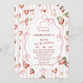 水エレガント色いちご少女1歳の誕生日 招待状 (正面/裏面)