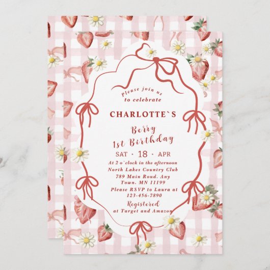 水エレガント色いちご少女1歳の誕生日 招待状 (正面/裏面)