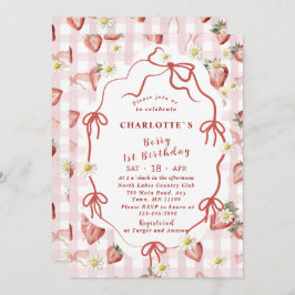 水エレガント色いちご少女1歳の誕生日 招待状