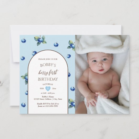水エレガント色かわいいベリー最初の誕生日写真 招待状 (正面)
