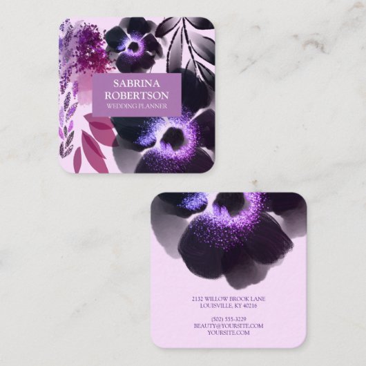 水エレガント色かわいらし紫とピンクフローラ スクエア名刺 (正面/裏面)