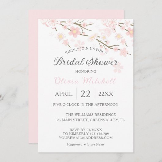 水エレガント色さくらんぼブロッサムブライダルシャワー 招待状 (正面/裏面)