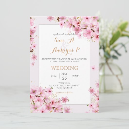 水エレガント色さくらんぼブロッサム春の結婚式 招待状 (スタンド正面)