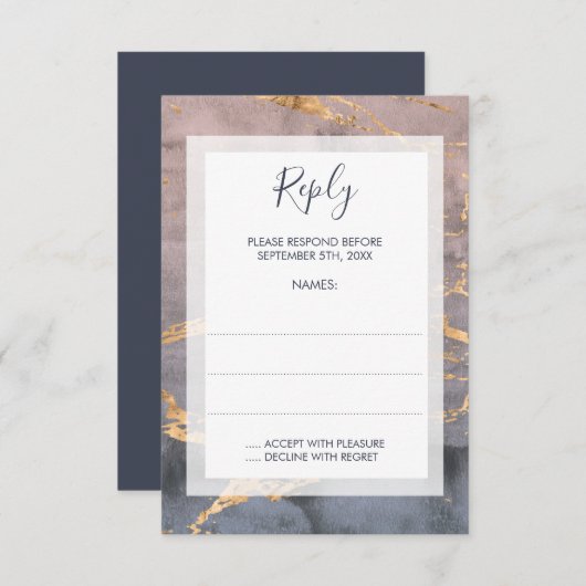 水エレガント色と金ゴールド結婚の返信カード 出欠カード (正面/裏面)