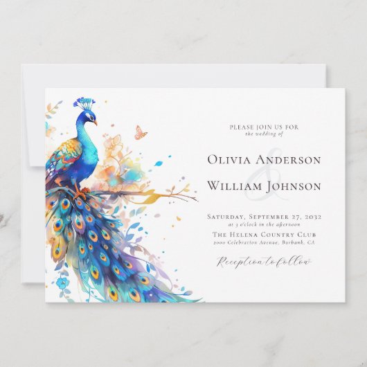 水エレガント色のクジャクが一つ結婚で 招待状 (正面)