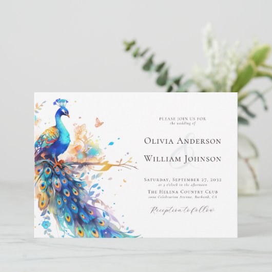 水エレガント色のクジャクが一つ結婚で 招待状 (スタンド正面)