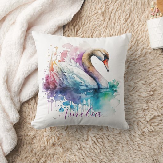 水エレガント色のパーソナライズされた白鳥誕生日 クッション (ブランケット)